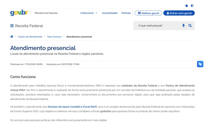 Página de atendimento presencial da Receita Federal
