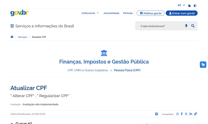Página oficial do gov.br para atualizar e regularizar o CPF
