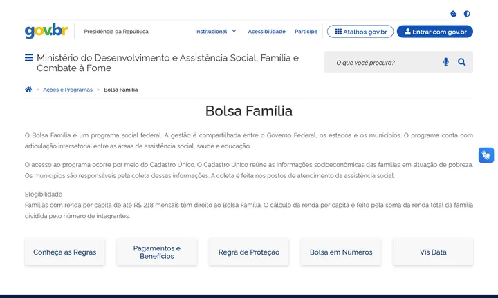 Página oficial do Bolsa Família no site do Ministério do Desenvolvimento e Assistência Social