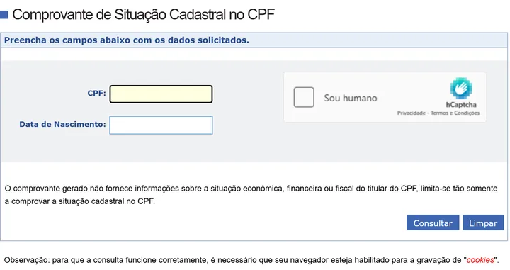 Tela de consulta da situação cadastral do CPF no site da Receita Federal, com os campos CPF, data de nascimento, verificação Sou humano e botão Consultar