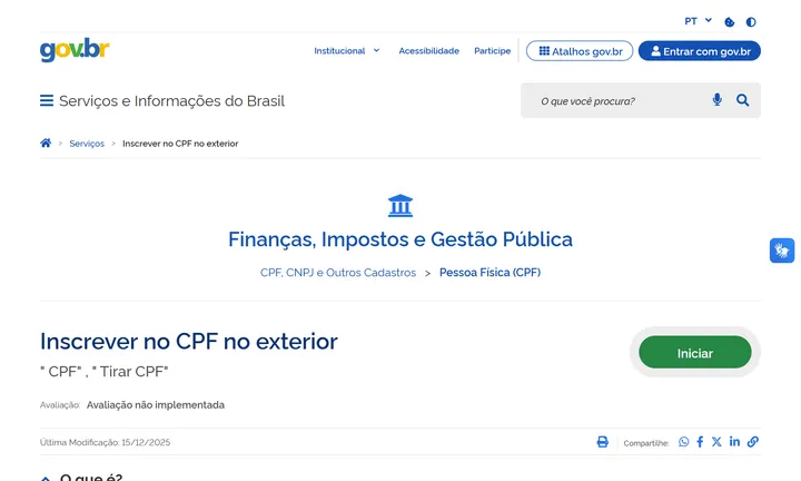 Página oficial do gov.br sobre o CPF para brasileiros residentes no exterior