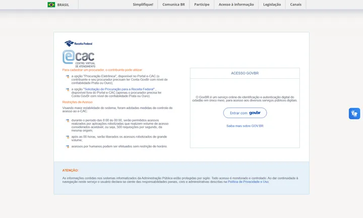 Tela de acesso ao e-CAC, o Centro Virtual de Atendimento da Receita Federal