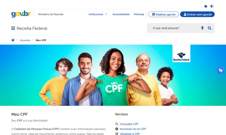 Página Meu CPF no site da Receita Federal, com os serviços de consulta e atualização do CPF