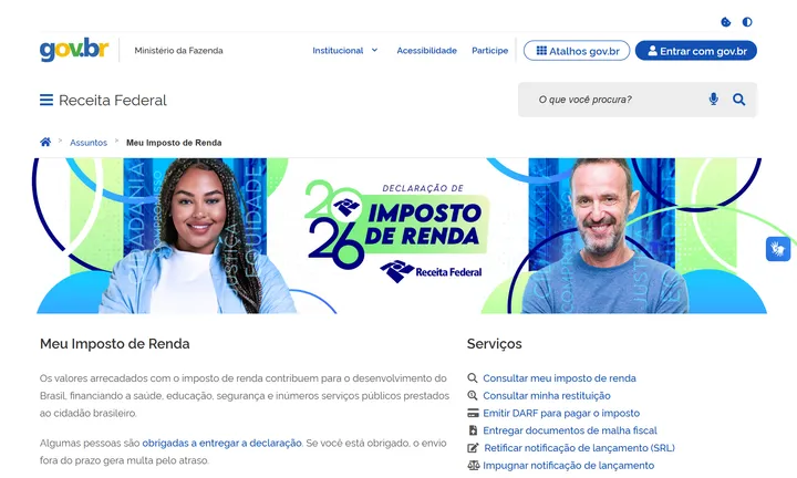 Página Meu Imposto de Renda no site da Receita Federal