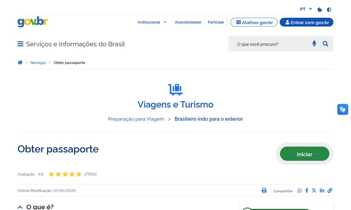 Página oficial do gov.br para obter o passaporte