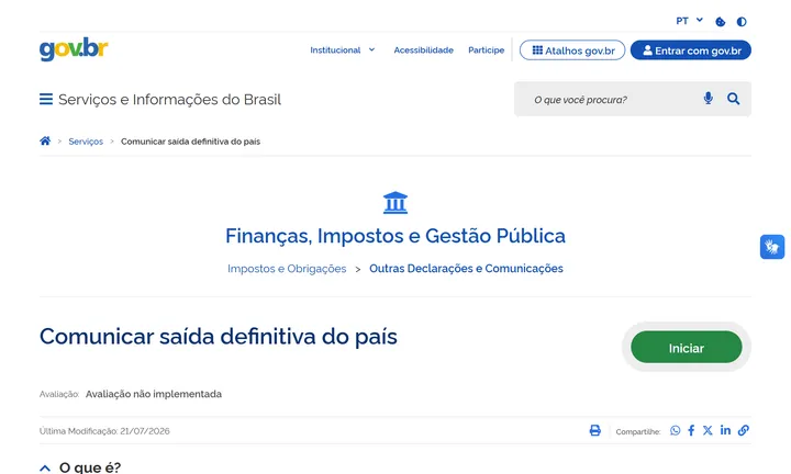 Página oficial do gov.br para comunicar a saída definitiva do país
