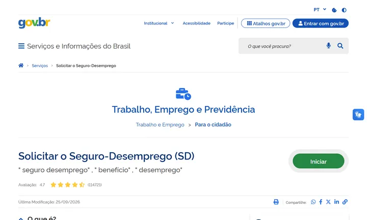 Página oficial do gov.br para solicitar o Seguro-Desemprego